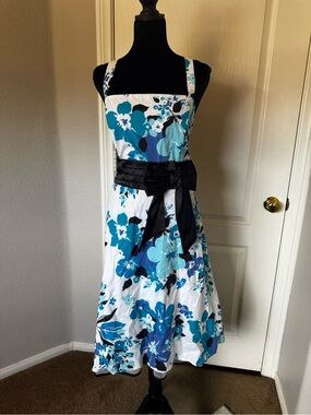 Studio White Midi Dress with Blue Floral Print and Black Sash
